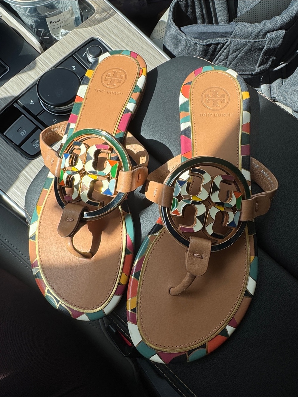 Tory Burch Tan Leather Sandals with Multicolor Trim and Gold Logo